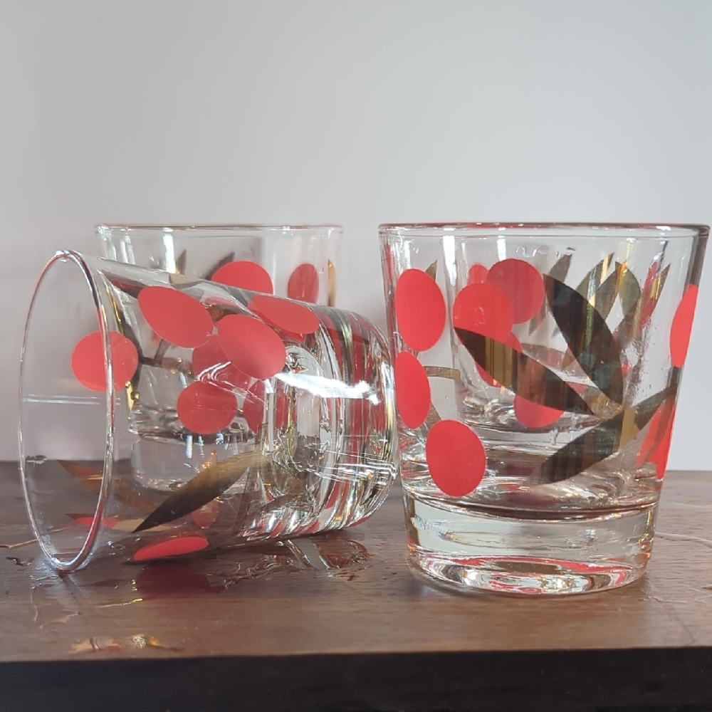 Rare Vintage Federal Glass Red And Gold Polka Dot / Leaf Low Ball Glasses